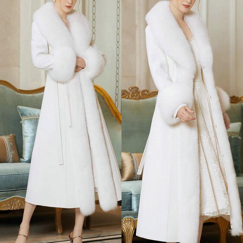 Autumn and winter new high-end imitation fox fur collar fur coat woolen coat thin large size long cotton clothes