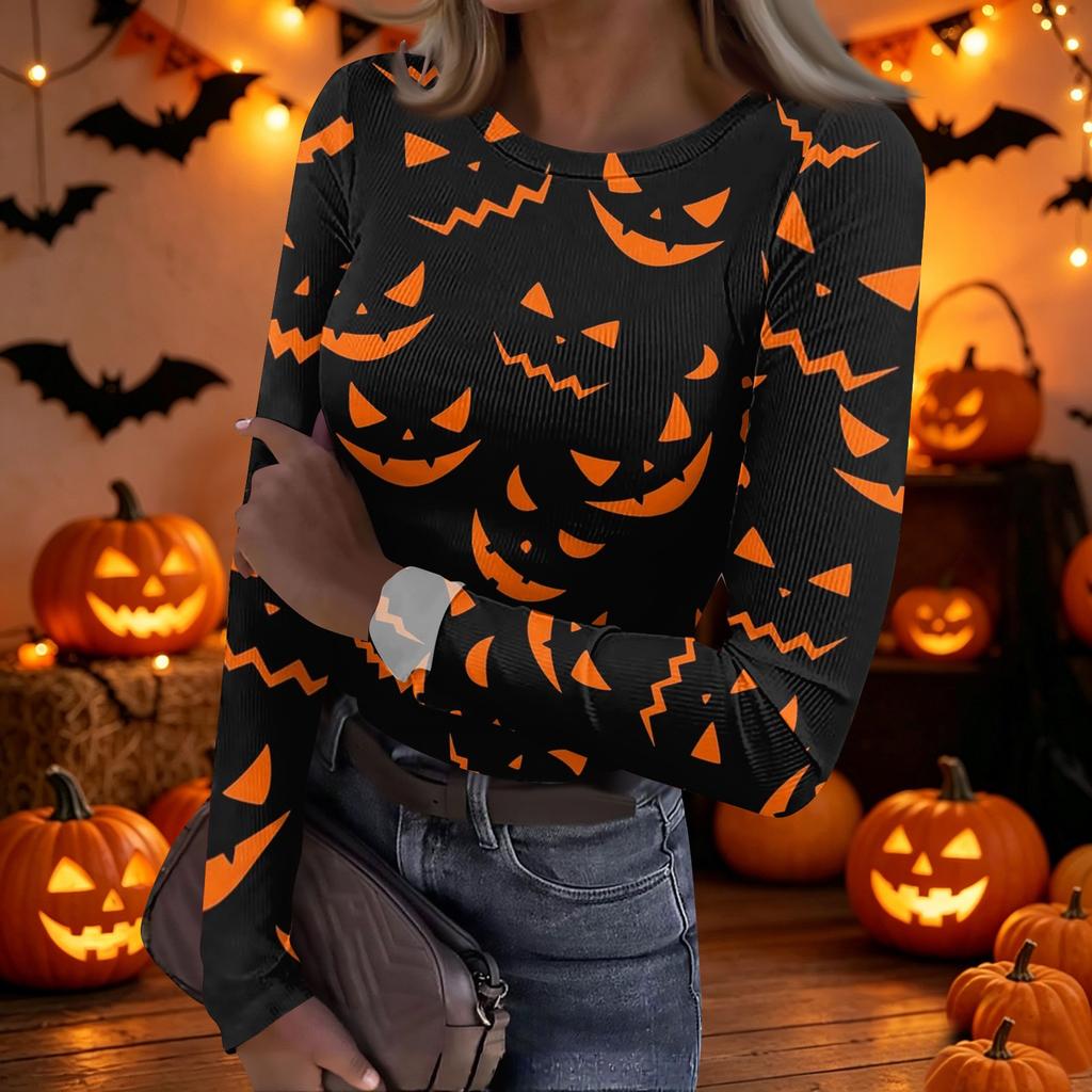 Women's Casual Long Sleeve Ribbed Top Crew Neck Halloween Print Slim Fit Stretchy Lightweight Shirt for Everyday Wear