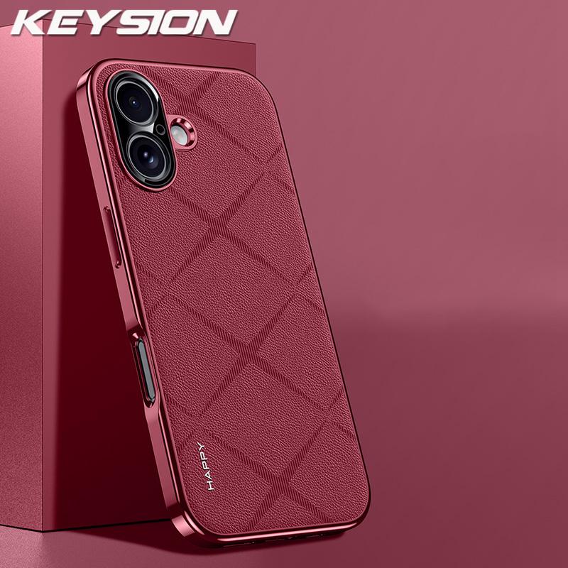 KEYSION Luxury Grid Pattern PU Leather Case for iPhone 17 Pro Max Plating TPU Camera Protection Phone Cover for iPhone 17 Air