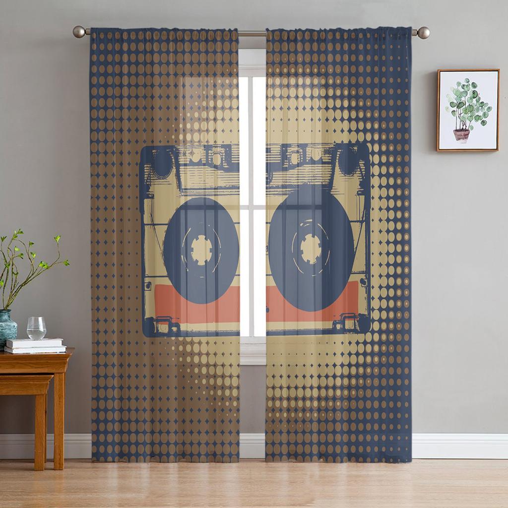 Retro Music Poster With Vinyl Gramophone Chiffon Sheer Curtains for Living Room Bedroom Window Curtain Voiles Tulle Cortinas