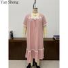 Women Nightgown Seersucker Floral Square Collar Short Sleeve Long Robe Loose Summer Loungewear Sleepwear