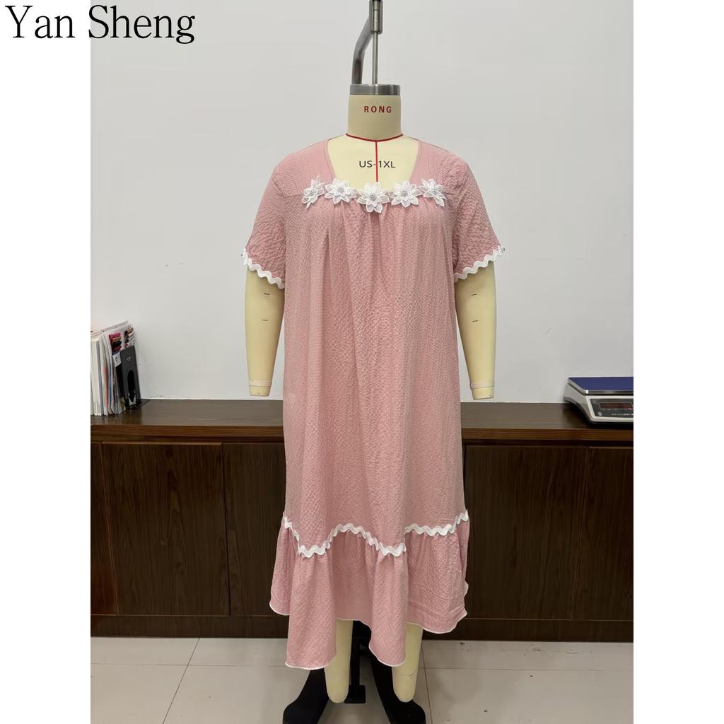 Women Nightgown Seersucker Floral Square Collar Short Sleeve Long Robe Loose Summer Loungewear Sleepwear