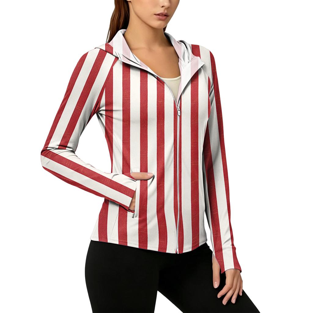Women's Lightweight Zip Up Hoodie with Hood and Pockets Long Sleeve Striped Sun Protection Jacket for Outdoor Activities