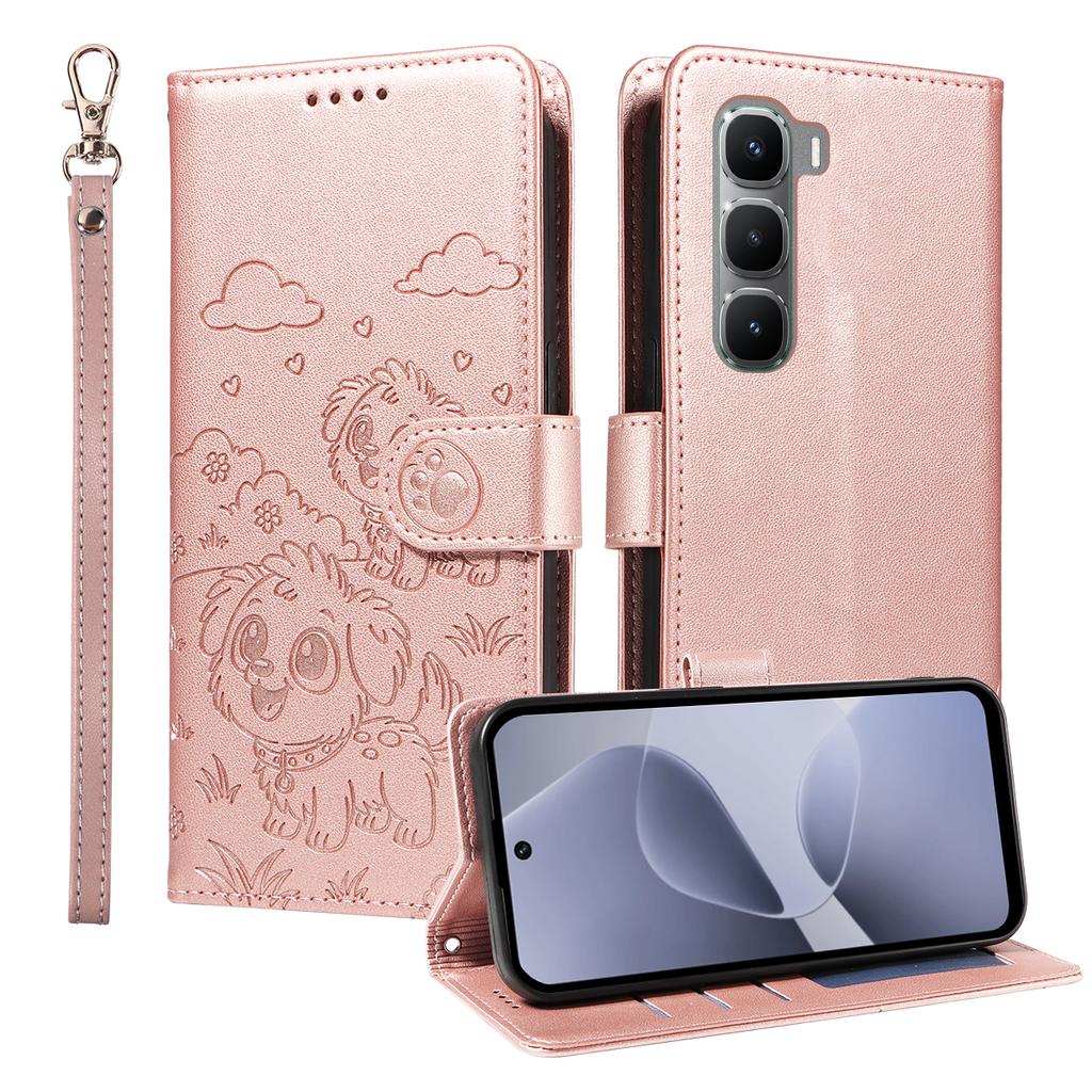 For Infinix Hot 60 Pro 4G Case RFID Blocking Imprinted Dog Pattern PU Leather Phone Cover with Wrist Strap