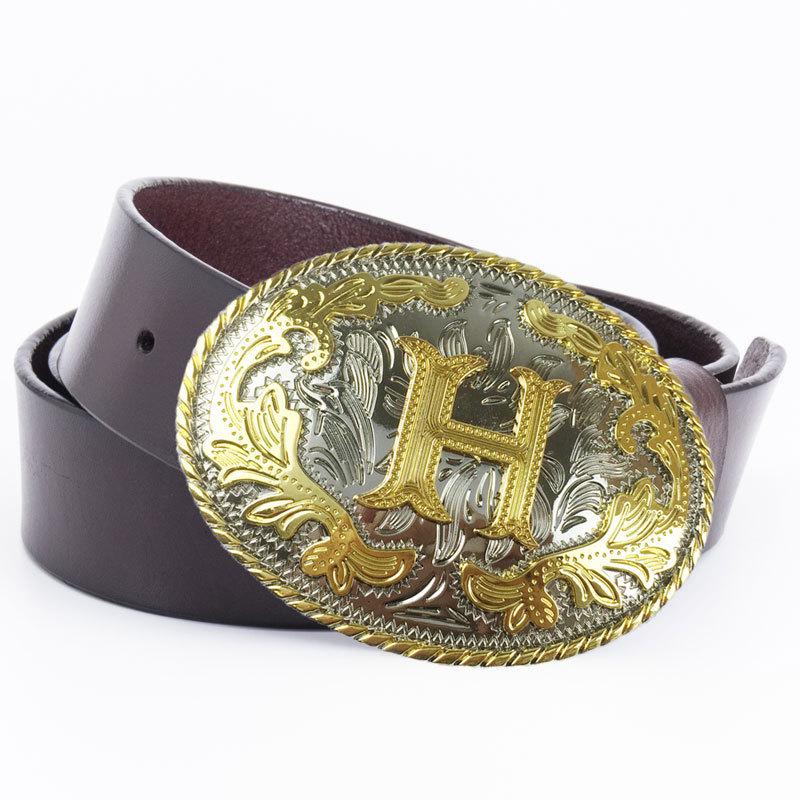 Men's Retro Full-Grain Leather Wide Belt with Ethnic Letter H Design