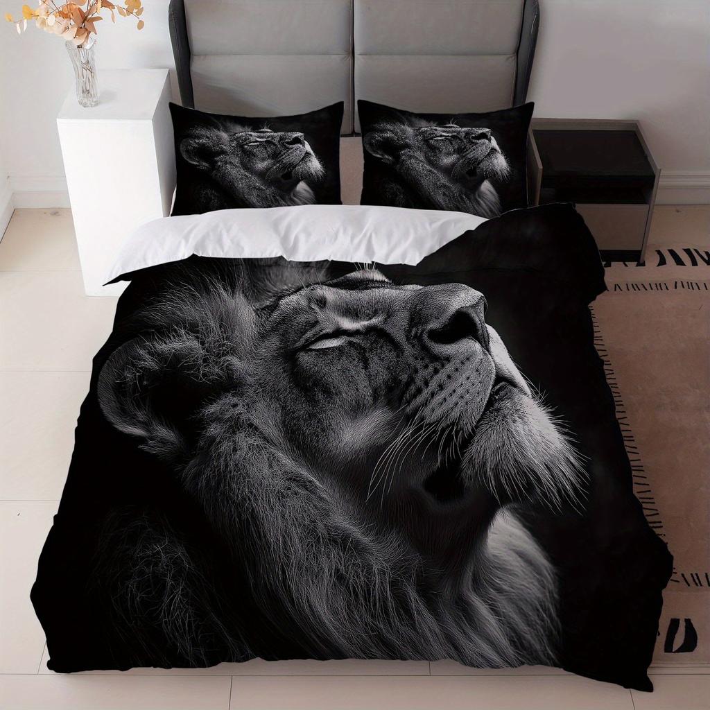 Majestic Black Lion In Artistic Style, Bold And Graceful 3D Print Duvet Cover Set, Luxury Animal Bedding For Bedroom Decor
