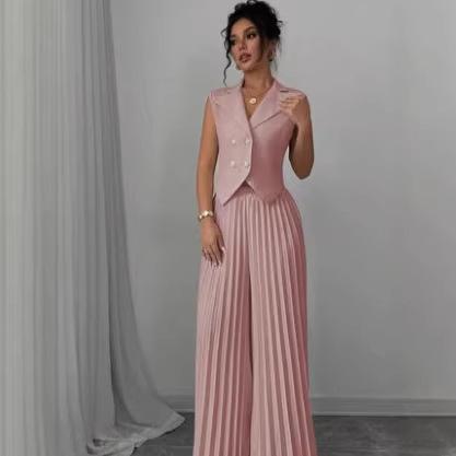 Women's Sleeveless Double Breasted Blazer Vest Two Piece Set High Waist Pleated Wide Leg Pant Elegant Casual Outfit