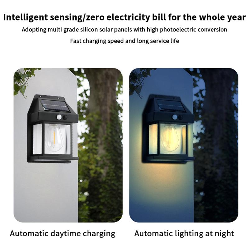 Solar Powered Outdoor Courtyard Tungsten Wall Lamp Retro Sensing Lighting Waterproof Outdoor Garden Energy-Saving Street Lamp