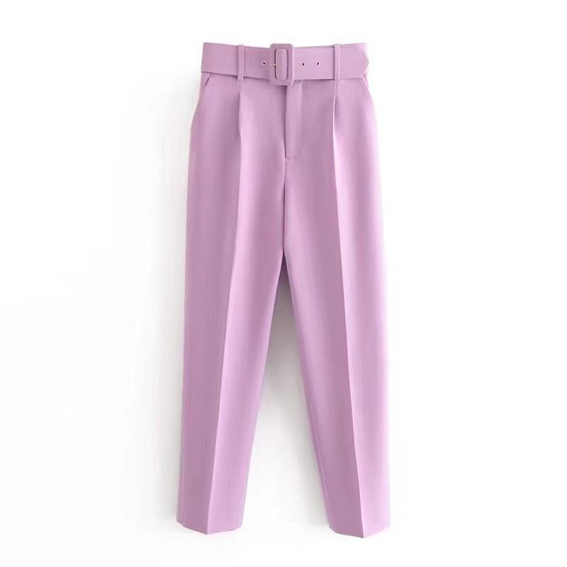 New Women's Casual Pants, Slim Fit Straight Leg Stretch Trousers with Belted Waist, Solid Color Office Wear Cropped Pants