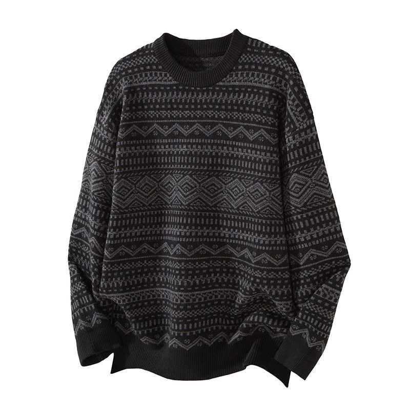Qiqiu Men's Clothing, Geometric Pattern Jacquard Round Neck Sweater Men's American-Style Loose Heavy Warm Knit