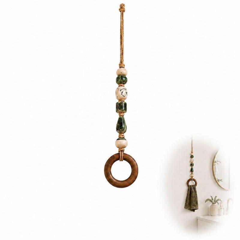 Decorative Beaded Towel Hanger With Wooden Ring Practical Design, Portable For Bathroom Kitchen