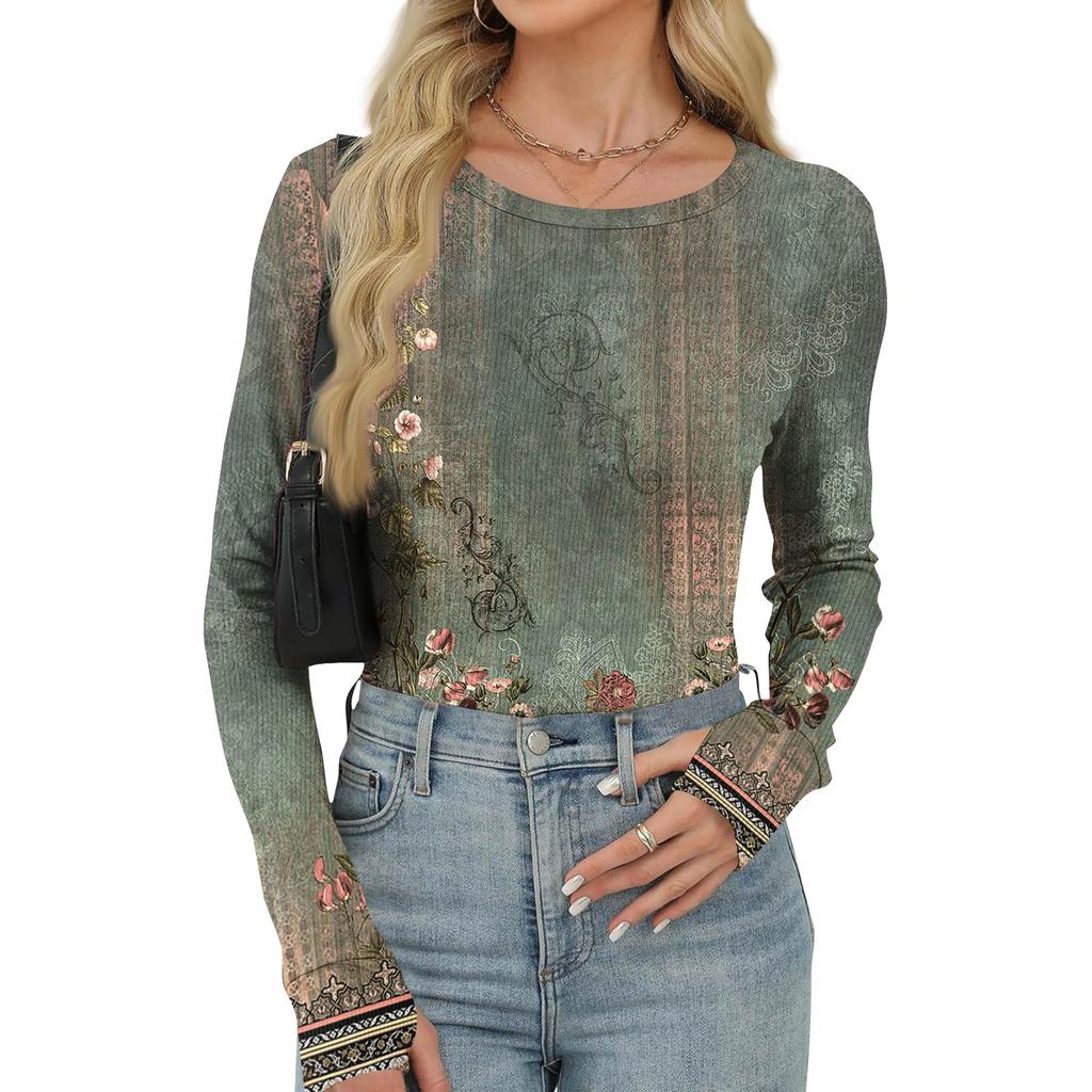 Women's  And Winter Slim Bottom T-shirt Fashion Casual Gradient Printing Round Neck Pullover Long Sleeve Top