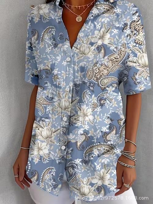 European and American summer hot-selling shirts, short-sleeved women's clothing, printed fashion lapel shirts, tops, casual women's clothing