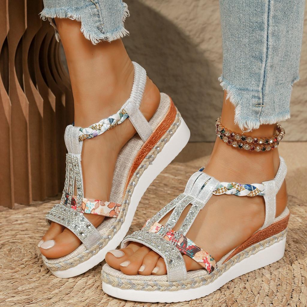 Fashion Shoes for Women Summer Women Wedge Bohemia Rhinestones Casual Platform Sandals Female Peep Toe Outdoor Beach Shoes 36-43