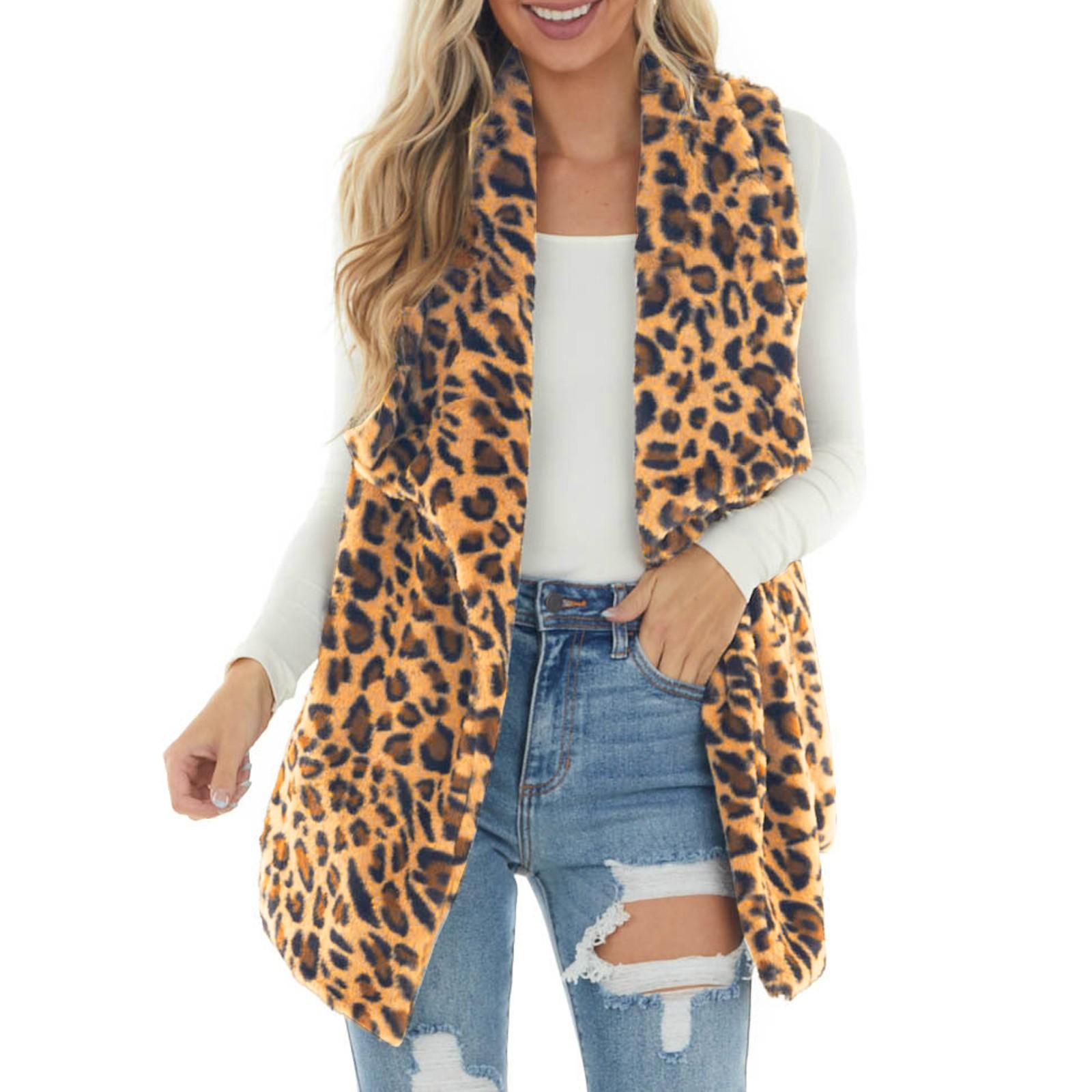 Women s Plush -Leopard Sleeveless Stand-up Collar Coat Jacket Vest XXL жёлтый