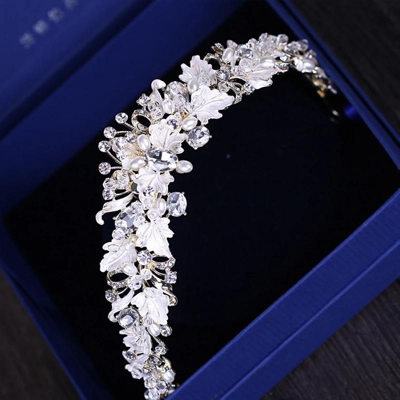 Trendy Rhinestone Pearl Crystal Crown Headband Flower Bride Hair Accessories Gold Crown Bride Wedding Crown Hair Accessories