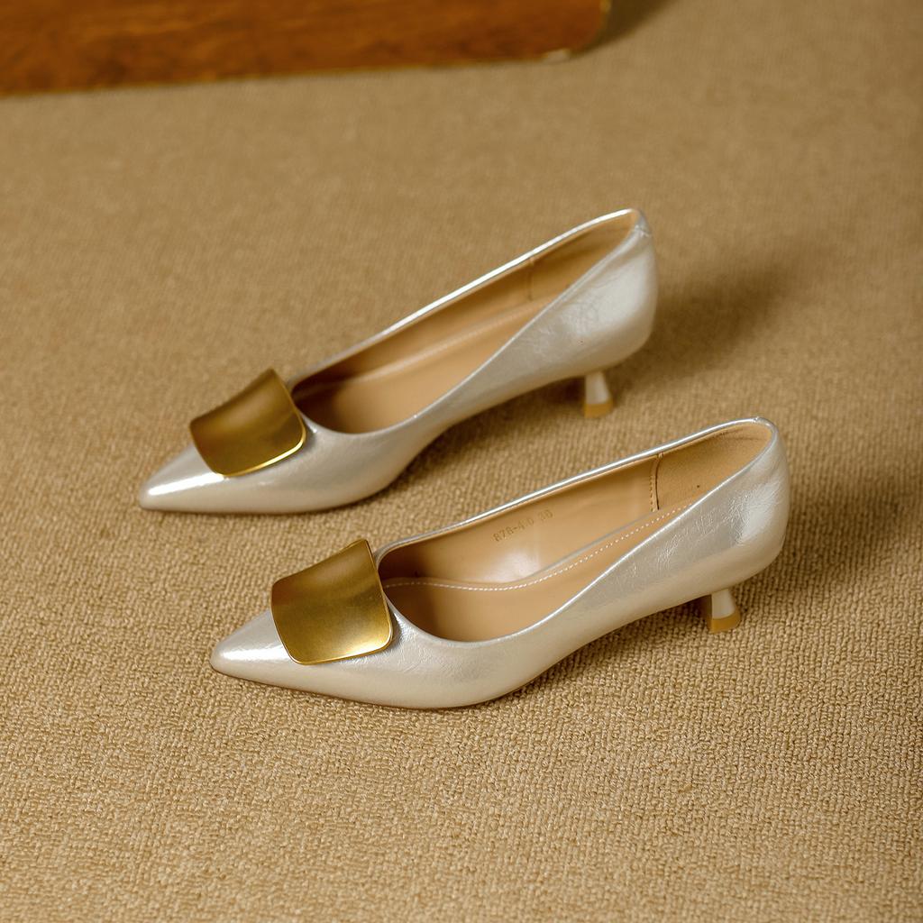 stiletto high heels 2026 spring French metal buckle pointed middle heel not tired feet soft leather shallow mouth single shoes