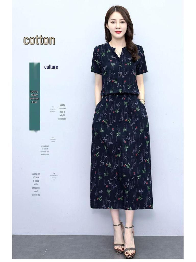2025 Summer Collection: Floral V-Neck Cotton and Rayon Dress - Waist-cinching, Slimming, Age-Reducing Long Dress for Women