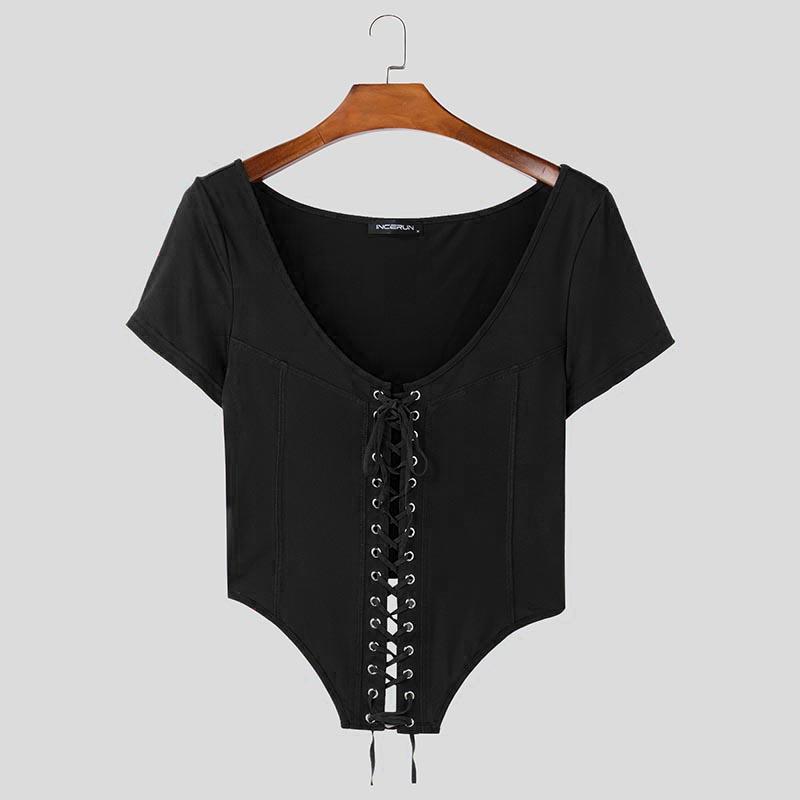 

INCERUN Мужские летние футболки с коротким рукавом, однотонные, с оборками, облегающие, бандажные, укороченные, топы