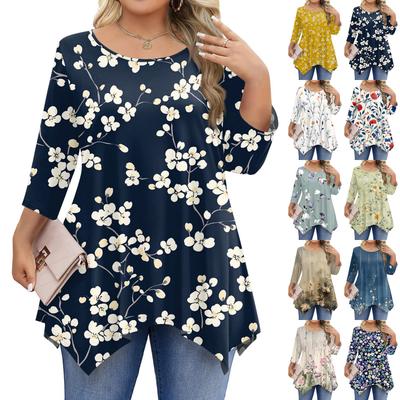 Camisetas de Manga 3/4 para Mujer Talla Grande Tops Túnica de Cuello Redondo Camisetas Básicas de Corte Holgado L-5XL
