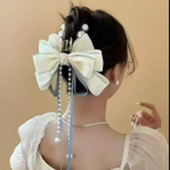 Elegant Faux Pearl Tassel Hair Clip with Bow for Women - Chic Updo Accessory