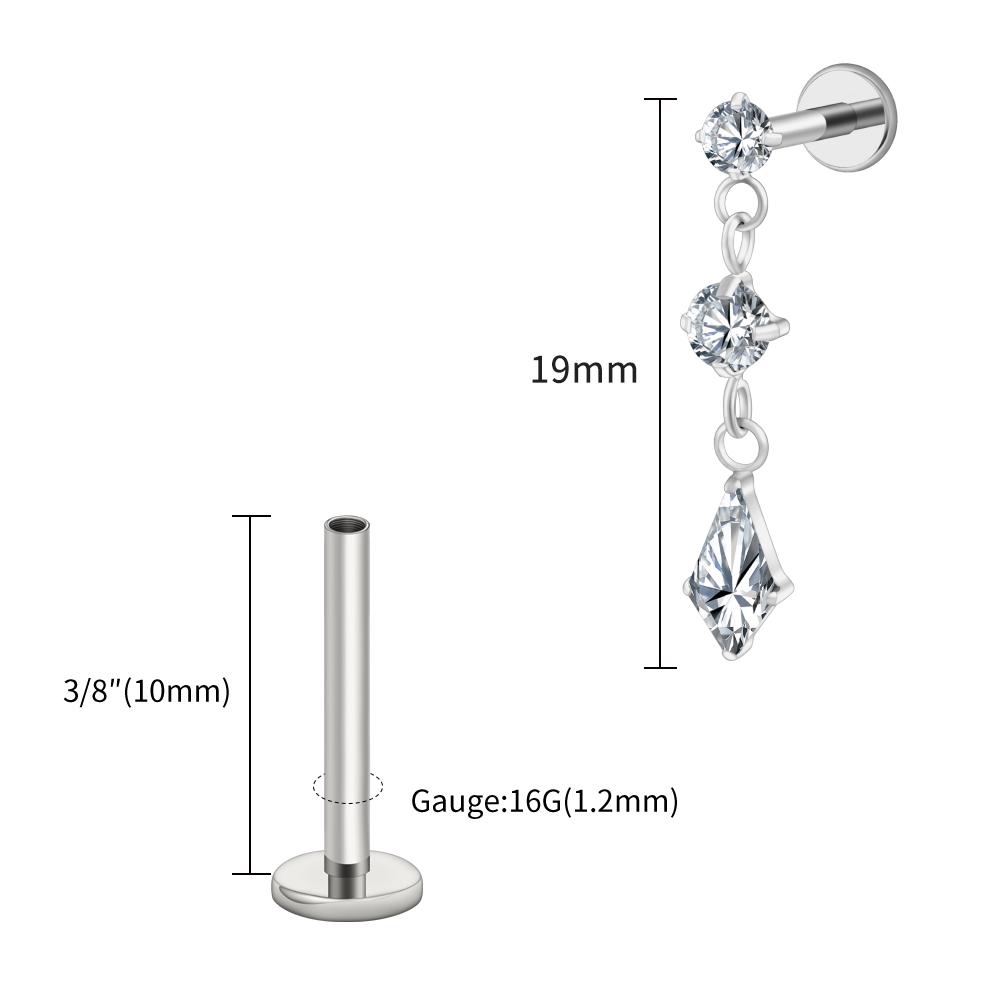 Right Grand ASTM F136 Titanium Dangling CZ Drop Piercing 16G Dangle Chain Kite Shape Cartilage Helix Stud Flat Back Earring