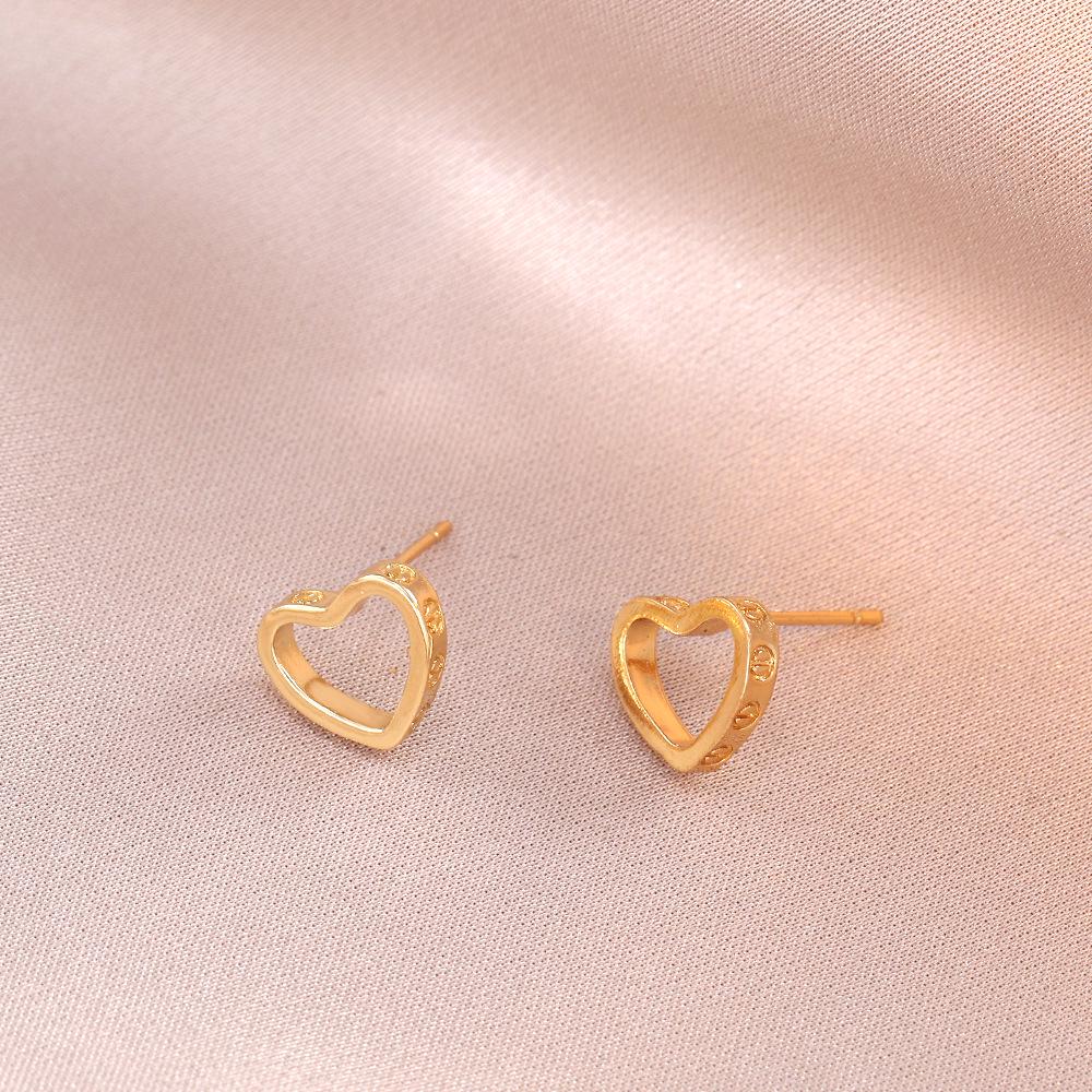 Women's Double Ring Heart Zircon Necklace & Peach Heart Earrings Set - Korean Fashion Style Clavicle Chain