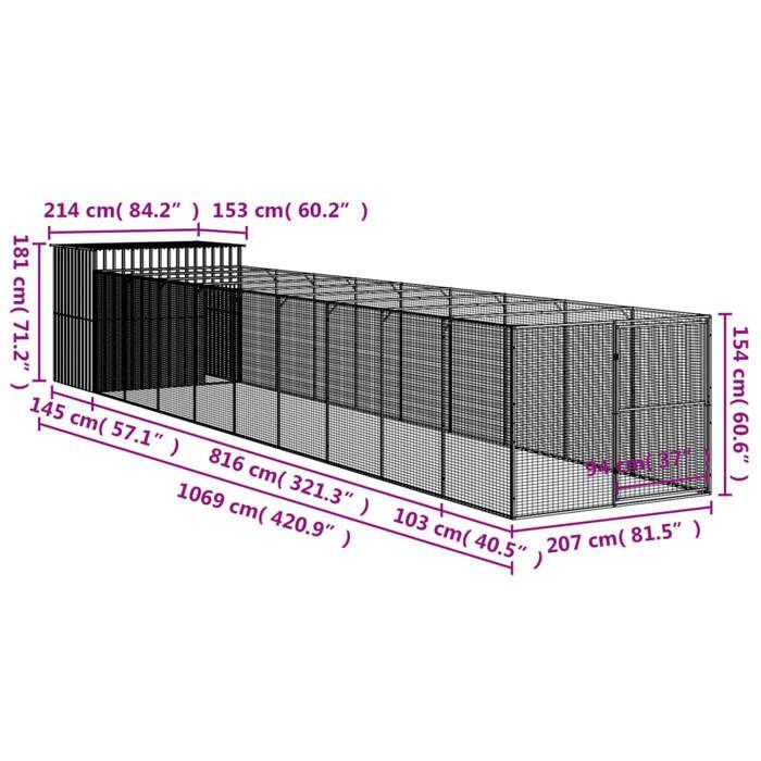 VidaXL Niche pour chien avec cour anthracite 214x1069x181 cm, cage pour chien, abri pour chien, maison pour animaux, cages 3189123