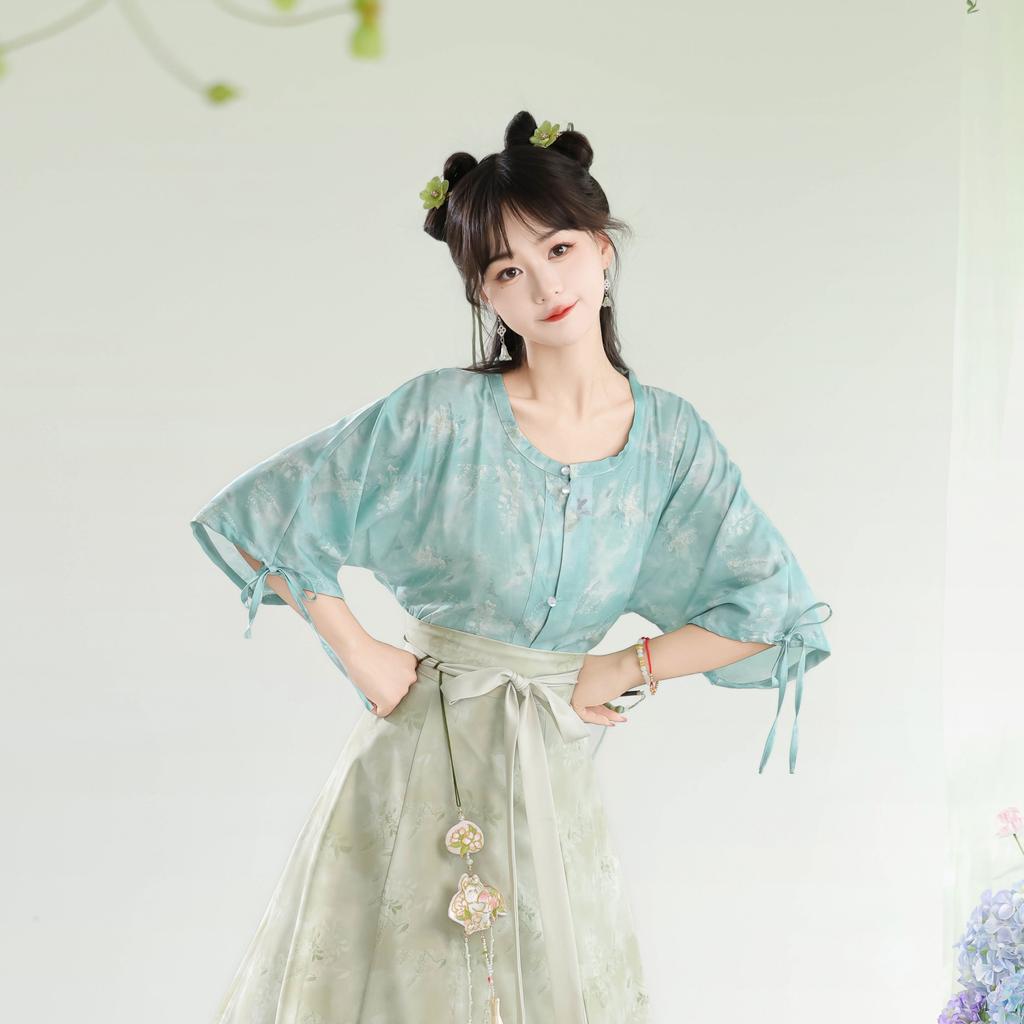 Chinese Tang Dynasty Style Hanfu Printed Tang Robe Top Waist Skirt Modified Daily Suit For Women