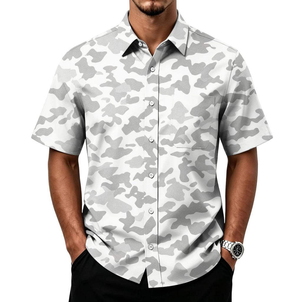 Men's Casual Short Sleeve Button Down Shirt Lightweight Breathable Fabric Classic Fit with Front Pocket Camouflage Print