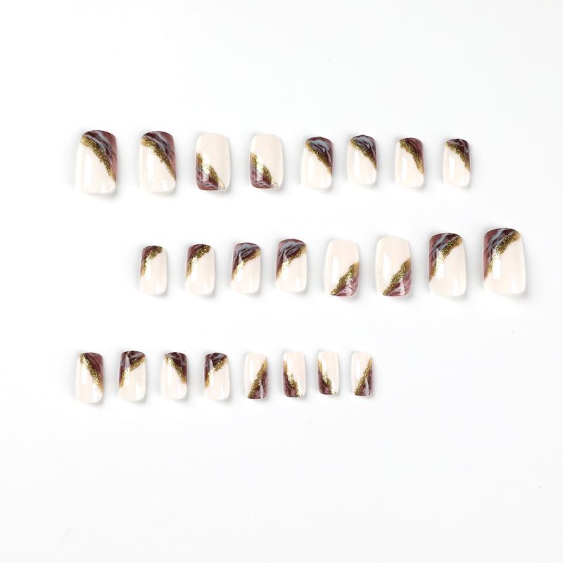 24 Pieces Wear Nail White Purple Smudge Gold Foil Manicure Patch Wear Nail Fake Nail Manicure Press on Nails