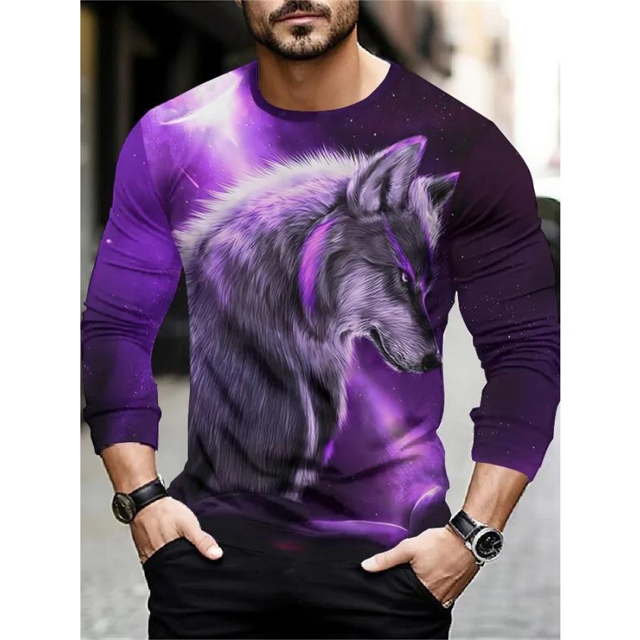 T Shirt for Mens Wolf Pattern Print Long Sleeve Leisure 3D Polyester Man's T-shirts