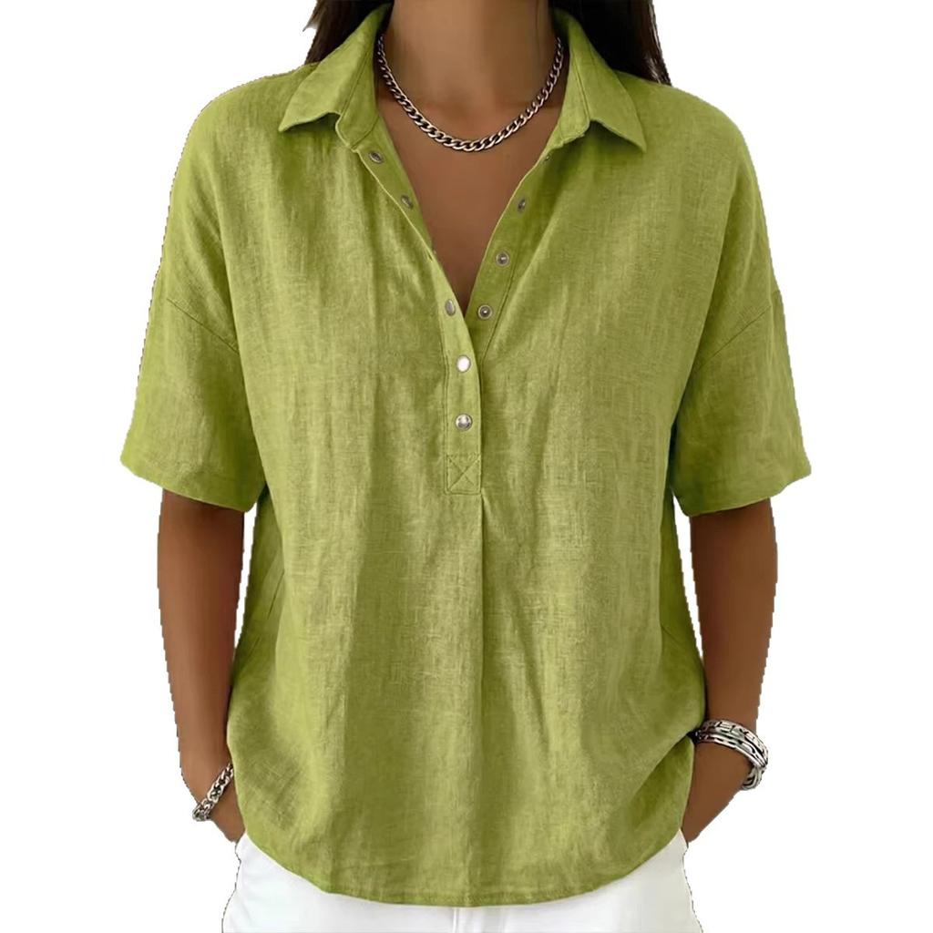 2026 new single-breasted lapel shirt for women solid color casual Polo collar short-sleeved Asian