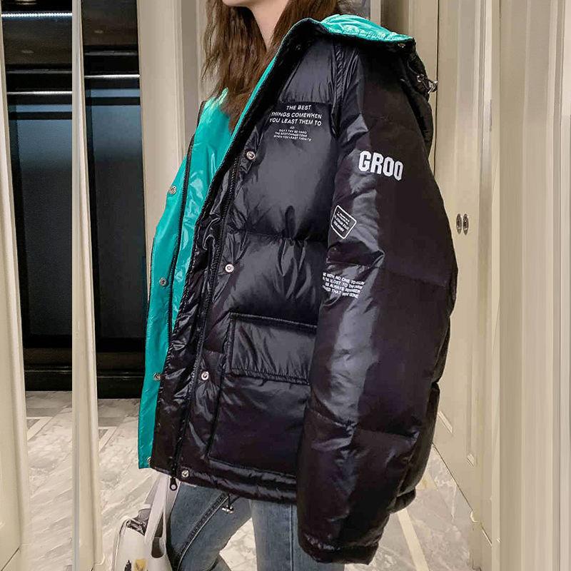 

Зимові вільні парки з капюшоном Жіночі потовщені теплі жіночі зимові куртки Жіноча кишеня з літерами з бавовняною підкладкою L чорний