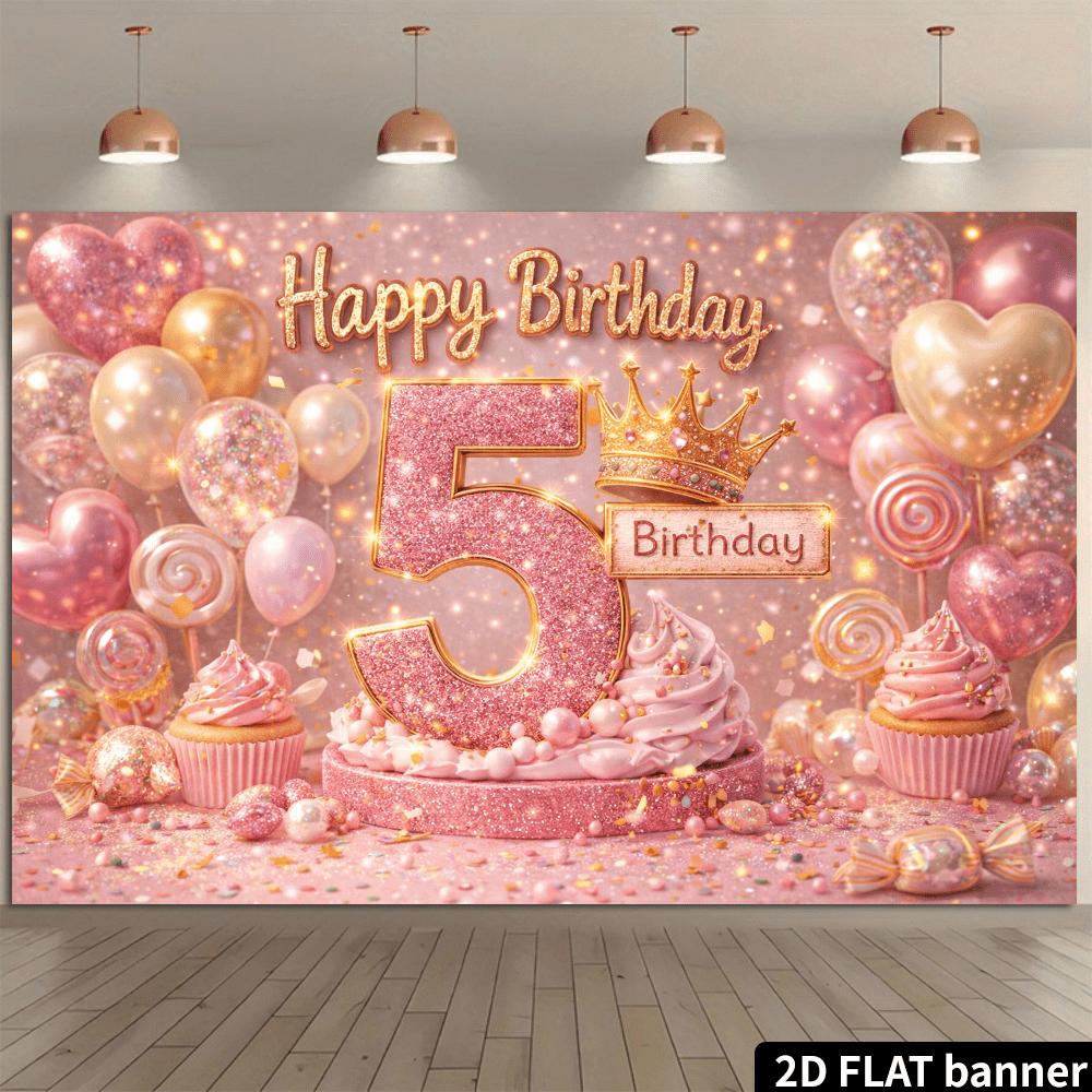 2D plane 5th birthday party backdrop fabric - golden glittering numbers 5 theme, paired with heart-shaped balloons