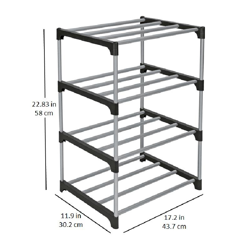 4 Tier Stackable Shoe Rack Holds 8 Pairs Metal Tube Plastic Connectors Durable Modular Storage Solution Closet Entryway Garage