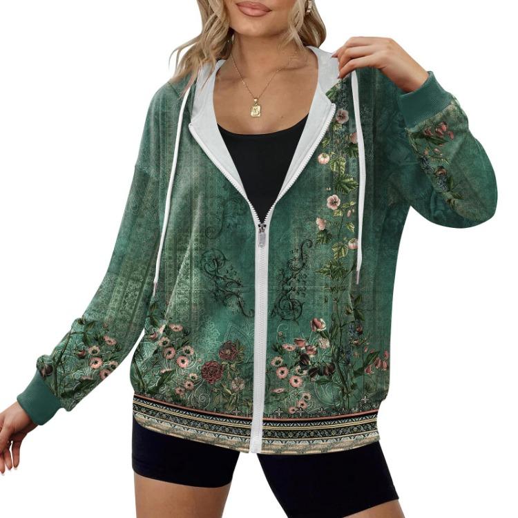 Gradient Stripe Printed Hooded Sweatshirt Women Long Sleeve Zipper Casual Fashion Pullover S