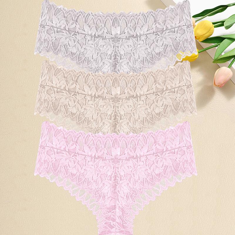 3PCS/Set Women Floral Lace Panties Sexy Perspective G-String High Waist Underpants Female Breathable Intimates Lingerie
