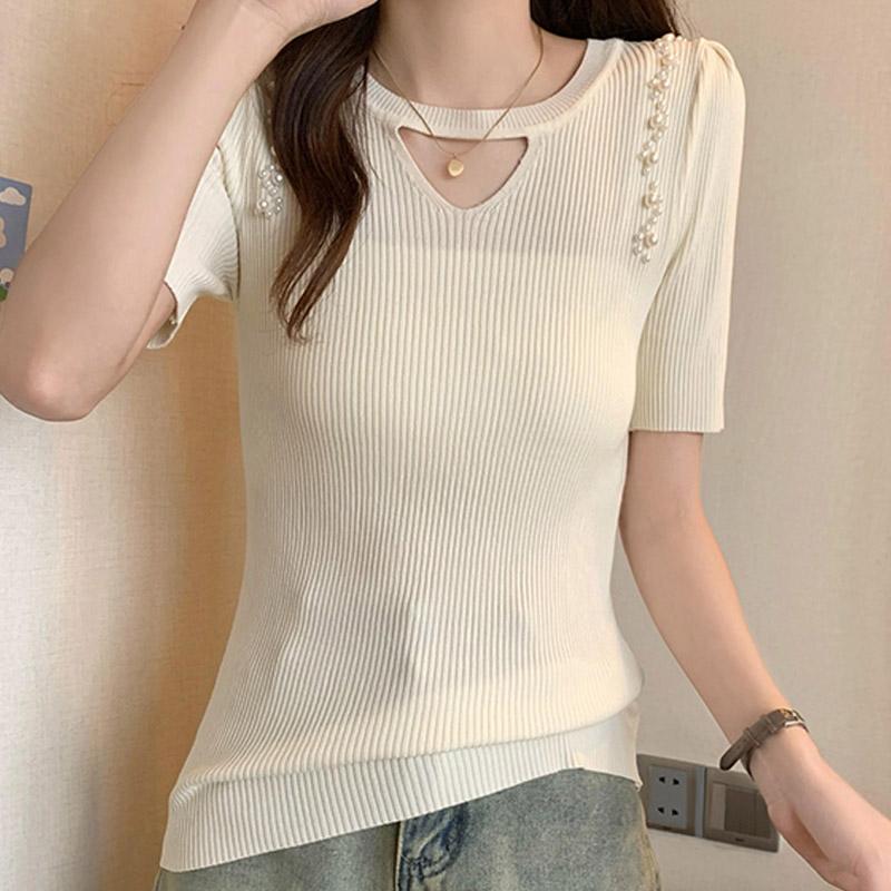 

Женские свитера, пуловеры, лето 2025 г., короткий рукав, круглый вырез, белый, черный, вязаный свитер, женские топы, пуловер JJ269 One Size абрикосовый