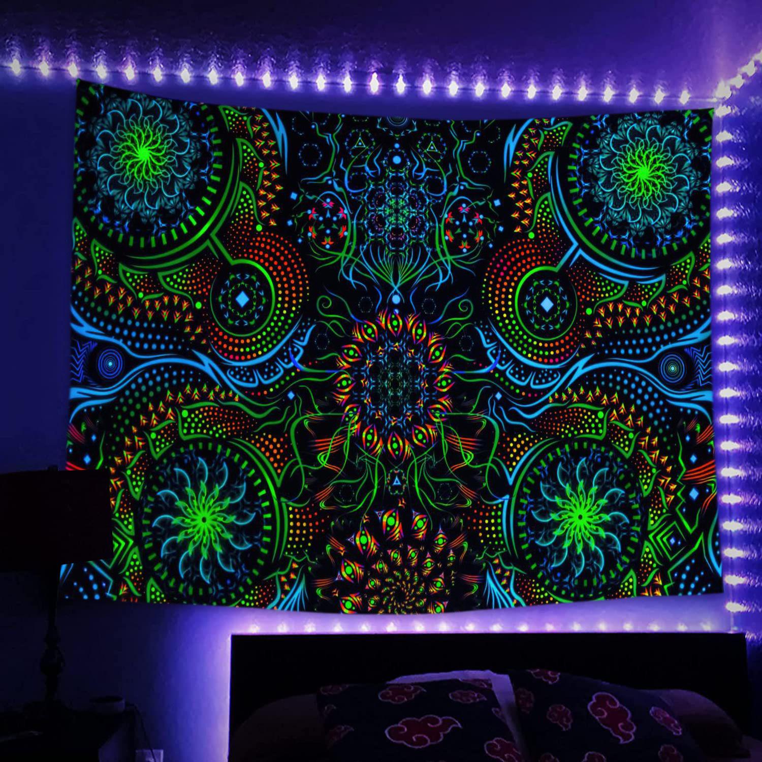 Hippie Psychedelic UV Black Light Aubusson Knitted Printed Custom Glowing Trippy Tapestry 150*130cm