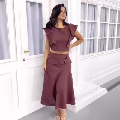 Conjunto de Top Corto con Mangas Volantes y Falda Midi de Cintura Alta Verano Europeo y Americano 2024