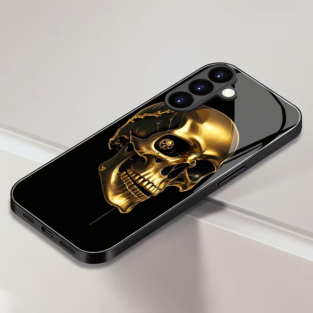 Gold Skull Black Glass Phone Case Suitable for Samsung Galaxy S26 S25 S24 S23 S22 S21 S20 FE/Ultra/Plus Anti Drop Back Cover