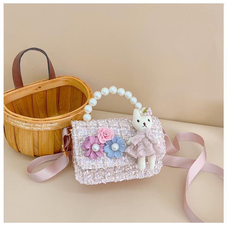 New Girls' Pearl Tweed Handbag: Trendy Little Flower Princess Crossbody Bag