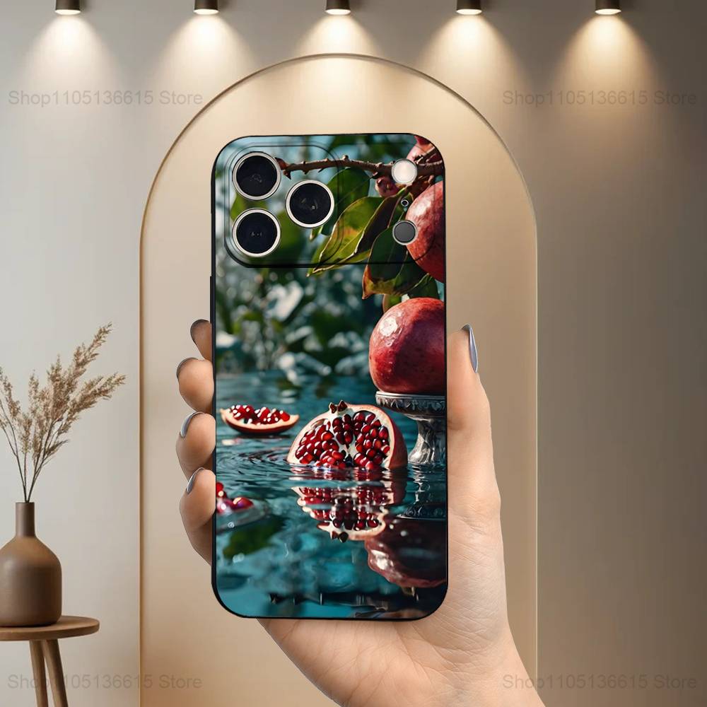 Tasty Fruit Pomegranate Case For iPhone 11,12,15,14,13,16,17,Plus,Pro Max,XS,X,XR,SE,Mini,8,7,Soft Silicone Black