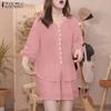 ZANZEA Women 3/4 Sleeve Blouse and Shorts Summer Two Piece Suit Sets