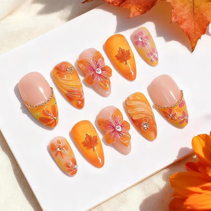 30Pcs Fall Orange Press On Nails Medium Almond Acrylic Fake Nails Polish Painting Autumn Thanksgiving Maple Leaf Pumpkin Glue On Nails Orange French