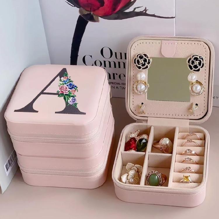Jewelry Travel Organizers Letter Pattern Small Jewelry Container Fashion Portable Case PU Texture for Fashionable Lover
