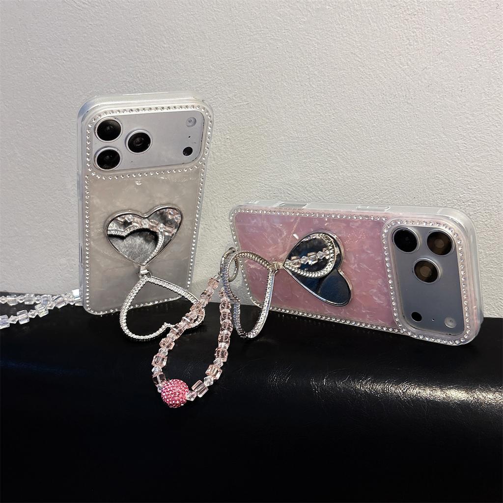 Wrist Strap Love Heart Mirror Diamond Bling Holder Phone Case for IPhone 17 16 15 Plus 14 13 12 11 Pro Max Protective Cover