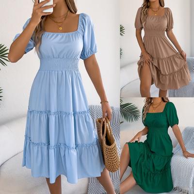 Spring Summer Solid Color Square Neck Short Sleeve Ruffled Large Hem A-line Dress for Women European American Style Crossborder Women's Clothing