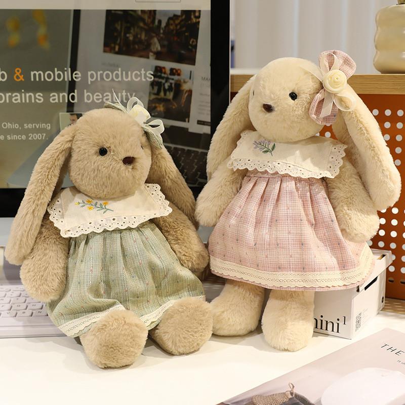 Pp Cotton Plush Bunny Doll With Checkered Dress And Floral Bow Decoration For Women And Friends